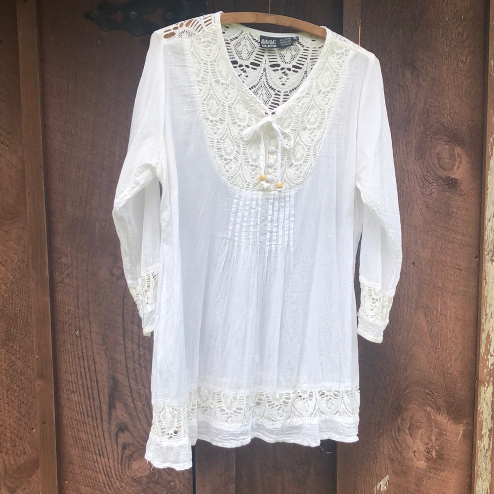 Women's White Cotton Tunic with Lace Trim
